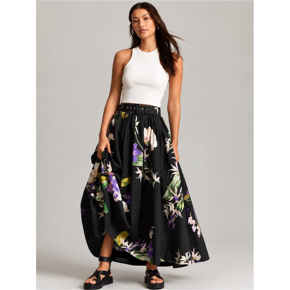 Maeve Anthropologie Black Floral Belted Maxi Skirt Orchid Print Size 8